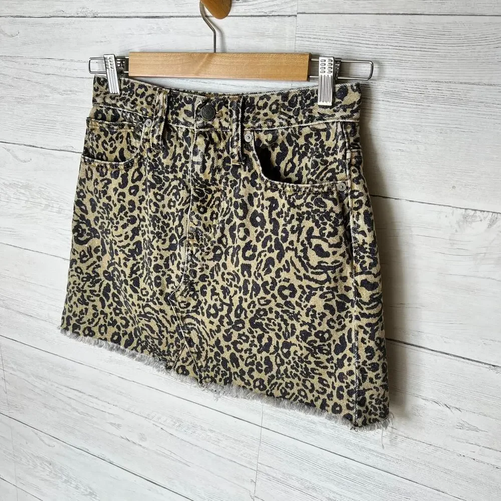 Madewell Skirt Womens Size 25 Rigid Denim A Line Leopard Mini 100% Cotton